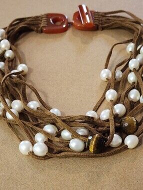 Vintage Baroque Choker Floating Pearl Tigers Eye Brown Leather Cord Necklace